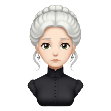 A Victorian woman with elegant coiffed white hair and light eyes wearing a modest unadorned black turtleneck mourning dress looking down with a forlorn expression sticker