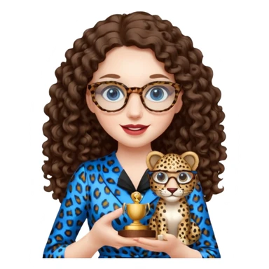 A girl with white pale skin, blue eyes, full lips, brunette LONG curly hair. She has a leopard print round-ish shaped glasses. She is wearing a white plain silk dress. She is holding an award and happy sticker