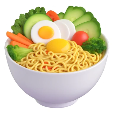 a bowl of instant noodles with egg and vegetables, vibrant, 3D emoji style sticker
