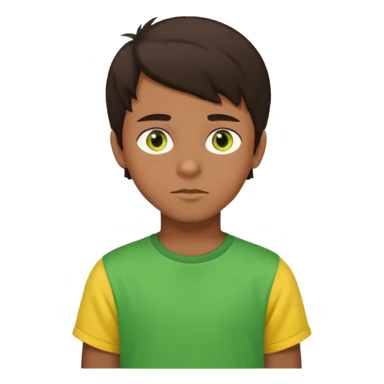 A portrait of a 14-year-old boy, he's got dark-brown hair, brownish skin and green hazel eyes. he's wearing a t-sirt with yellow sleeves. sticker