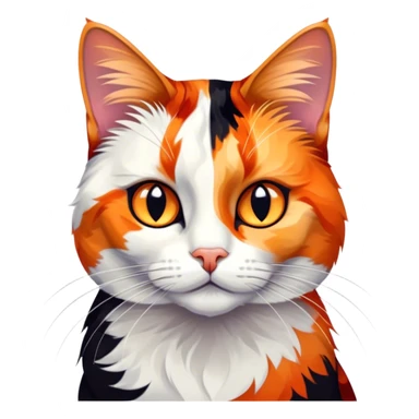 Cinematic Noble Calico Cat Portrait Emoji, Poised and regal, with a striking patchwork fur in vibrant orange, black, and white hues, delicate whiskers and a refined, focused gaze, simplified yet exquisitely detailed, glowing with a soft, moonlit radiance and an air of aristocratic elegance, high shine, exuding dignified intelligence and poised authority, soft glowing outline, capturing the essence of a watchful and noble calico cat that appears ready to grace the screen with effortless majesty! sticker