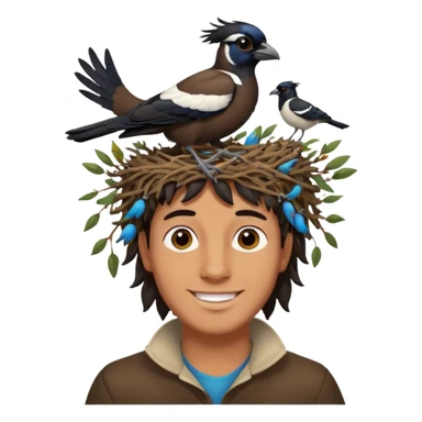A man who has an Australian magpie, birds nest on top of his head for hair sticker