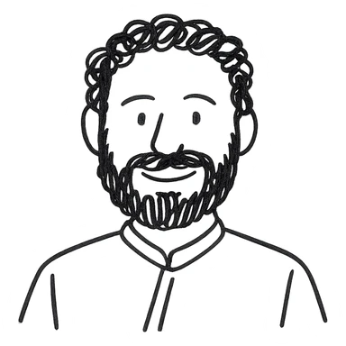 hand-drawn style portrait of a bearded man with curly hair, wearing a black traditional outfit, personal sketch, expressive lines, friendly face sticker