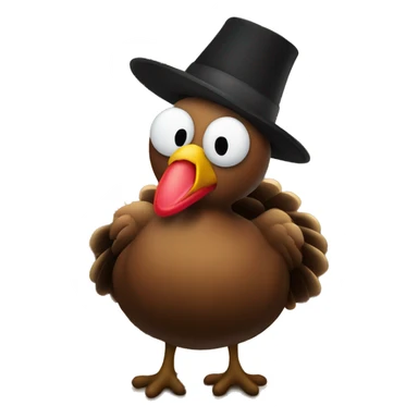 Turkey with pilgrim hat under sitting on top of table with pilgrims sticker