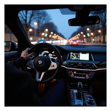 BMW Series 7 2024, interior cockpit view at night, Bucharest city lights visible, one hand on steering wheel, motion blur effect, photorealistic sticker