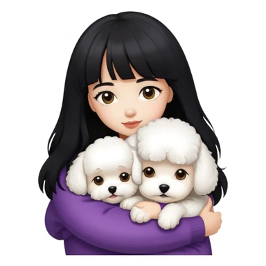 A beautiful girl with long black hair and bangs hugs a super small Bichon Frise sticker