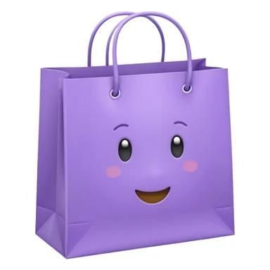 A cute emoji-style illustration of a purple paper shopping bag, pastel purple color, rounded shape, simple clean lines, kawaii style, soft shading, minimal details, centered composition, transparent background sticker