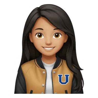 walk black long hair girl at university without backpack with varsity jacket sticker