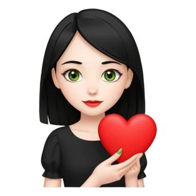 Pale girl with straight black hair and olive green eyes soft smile wearing black dress and holding a heart sticker