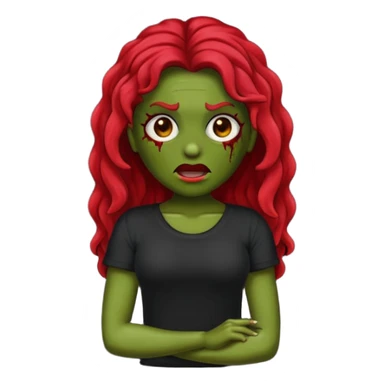 Faça me um emoji de um zumbi mulher de cabelos vermelho escuro longos ondulado usando uma blusa preta, faça no estilo iphone sticker