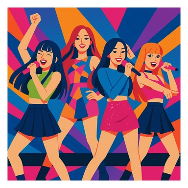 K-pop inspired Blackpink group, vibrant stage outfits, energetic poses, modern pop style, vibrant colors, dynamic composition sticker