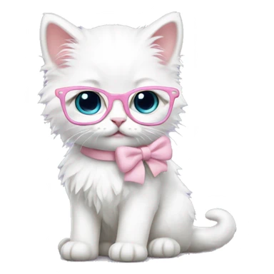 fluffy white kitten nerd with glasses and light pink bow sticker