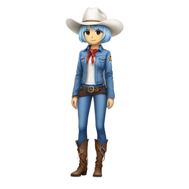 Rei ayanami in a cowboy costume, teen, full body. Only front view, no expression on the face. Make it genZ, stylist and cool, super realistic sticker