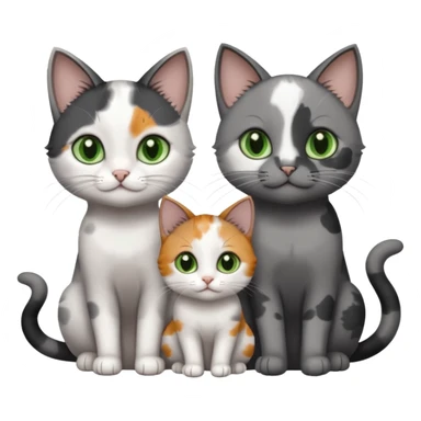 3 different coloured small cats including a dark grey and white, and a patchy calico with hazel eyes and a completely solid dark grey with green eyes and only white paws sticker