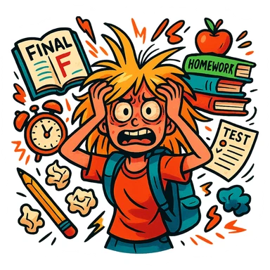 vibrant-toon style blonde straight-haired girl in survival mode, wild hair, surrounded by chaos, last month of school sticker