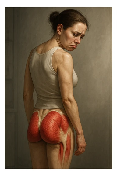 realistic anatomical illustration vertical 2:3 of an unhappy woman with underdeveloped gluteal muscles, posture expressing dissatisfaction, gluteal musculature anatomically highlighted, realistic details, clinical atmosphere, dramatic lighting, no text sticker