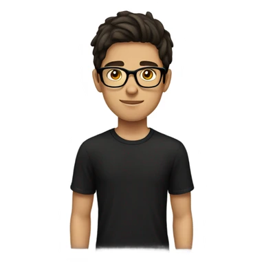 teenage boy with dark brown hair and black t shirt with glasses sticker