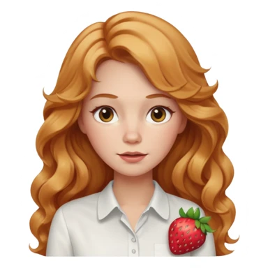 white adult woman with strawberry blonde super long wavy hair, white shirt, blushed cheeks sticker