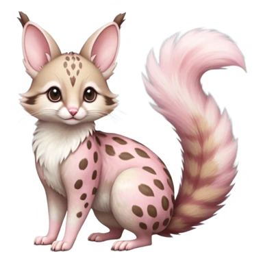 pastel white-spotted brown-pointed pastel-pink soft natural realistic romantic vintage antique divine beautiful elegant pretty precious cute young youthful  Fakémon-Pokémon-alien-opossum-squirrel-feline-serval-caracal-chinchilla-Minccino-hybrid-creature with a big fluffy bushy tail (full body) sticker