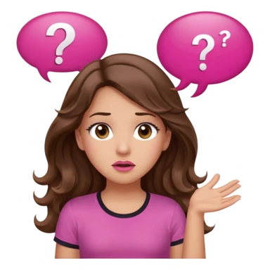 girl with long wavy brown hair, brown eyes, light to medium complexion, in a pink shirt, pink lips, long lashes, shugging, question mark one speech bubble sticker