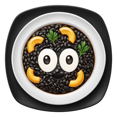 cinematic-realistic-black-risotto-dish-emoji,-showcasing-small ring pieces in black sauce -rendered-with-bold-textures-and-dynamic,-dramatic-lighting in a white plate sticker