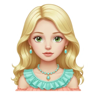 Slavic girl with peachy pale skin, long straight-wavy light golden yellow blonde hair, light hazel green eyes, coral-pink lips, wearing a fancy ruffle pastel icy aqua top and expensive light gold jewelry sticker
