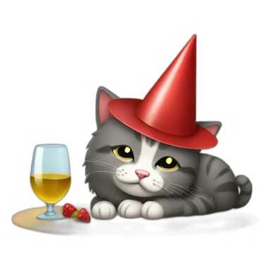 depressed tired kitty drinking wine and party hat on sticker