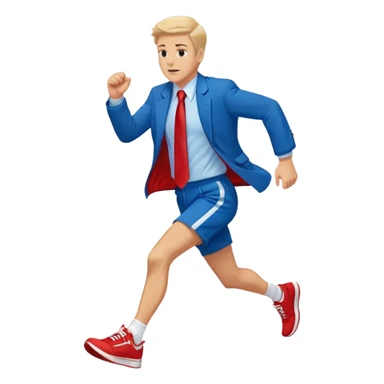a running white man wearing a blue jacket, shorts, red sneakers, and a flowing red tie sticker
