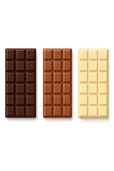 3 emoji stile iphone di BARRETTE DI CIOCCOLATO, UNA FONDENTE, UNA AL LATTE E UNA BIANCA, CON OMBRA REALISTICA, VISTE DALL'ALTO, IPERREALISTICO 4K sticker