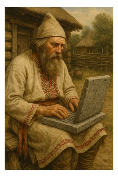 Old Slavic programmer with a stone laptop, wearing traditional Slavic clothing sticker