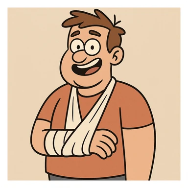 cartoon character with arm in a sling, friendly style sticker