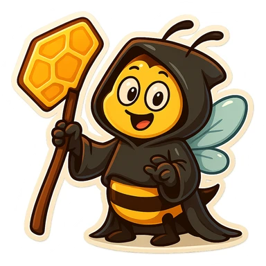 Replace the scythe with a honeycomb-shaped scythe, keeping the cartoon bee grim reaper playful and cute in retro stickers style. sticker