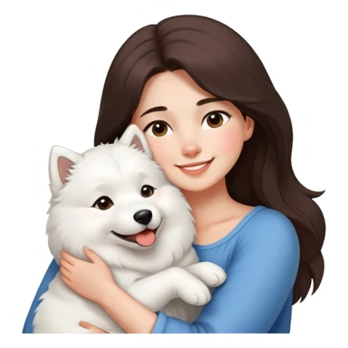 a shoulder-length brunette girl snuggles a cute smiling samoyed sticker