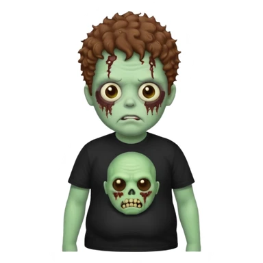 a zombie boy with brown curly hair and a fat double chin, with black t shirt sticker