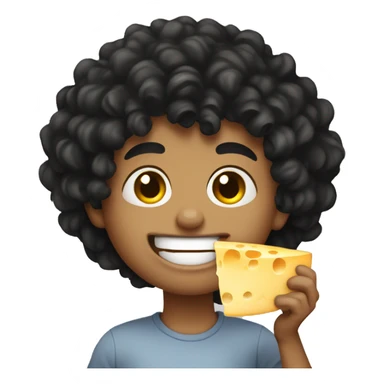 boy with black curly hair eating cheese sticker