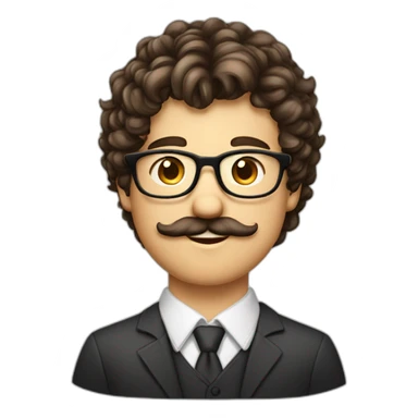 jeune homme cheveux long bouclé et brun, fine lunette et moustache sticker