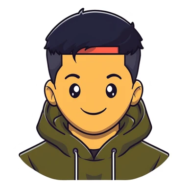 man with smiley face, black hair military cut, brown eyes, wearing 2 circle earrings and a black hoodie sticker