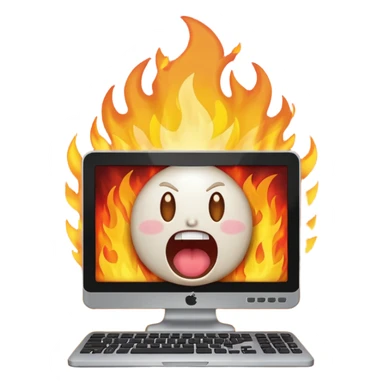 a computer screaming in excitement, fire behind it sticker