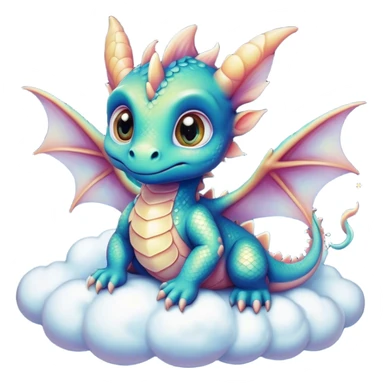Airbrush painted image of an adorable little baby dragon with large glistening eyes sitting on a cloud under a deep galactic sky with pearlescent scales and wings spread against the stars sticker