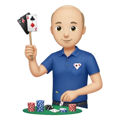 Balding guy, dark blue polo with a poker stick to pick up trash sticker