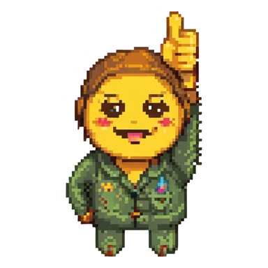 pixel art emoji character giving a thumbs up with 'thank you' text sticker