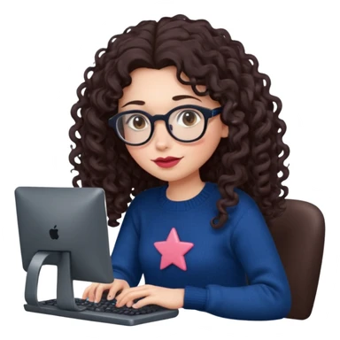 a white young woman with very long curly dark brown/chocolate hair typing in a computer. she's using round glasses, her lips are light red and her cheeks slightly pink. Her eyes are dark brown. She's using a dark blue knit sweater that has a tiny star in the middle   sticker