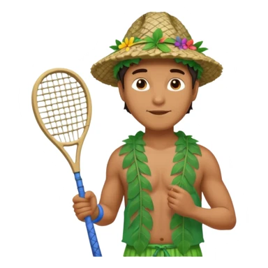 Hawaiian man with leaf hat and big net racket and colorful cloth sticker