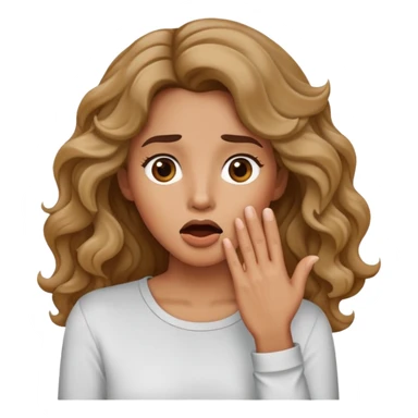 Imagine a woman wearing a long-sleeved shirt with wavy hair and a slightly surprised expression with her hand over her mouth in the iOS emoji style. sticker