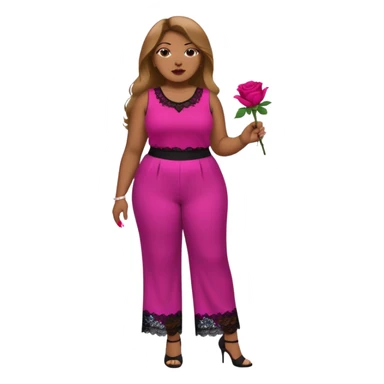 A plus-size Black woman with long, straight, light brown hair is wearing a fuchsia sleeveless shirt and black lace pants. She is standing with fuchsia-painted nails and is holding a rose. sticker
