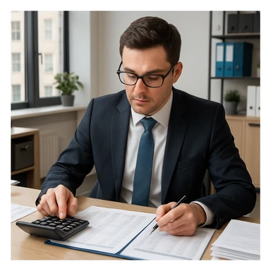a working accountant, professional, at a desk, with calculator and paperwork, business attire, detailed office environment sticker