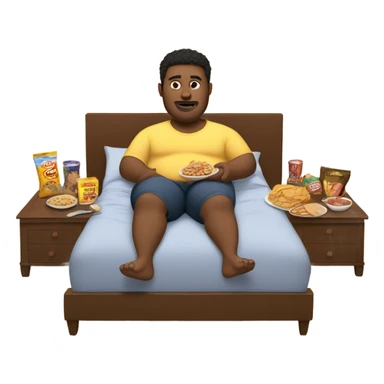 Fat guy in bed eating food sticker