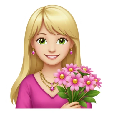 Long blonde haired with bangs, and big boobs smiling woman with hazel geen eyes, wearing pink and gold gemstone chains,  holding a big bouquet of beautiful bright flowers  sticker