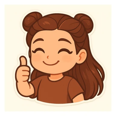 Create a chibi sticker of the girl with double bun hairstyle, smiling and showing a thumbs up, looking pleased and proud. sticker