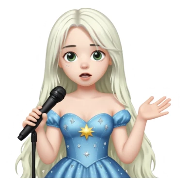 billie eilish is singing, holding mirco and twinkle dresss, white long hair sticker